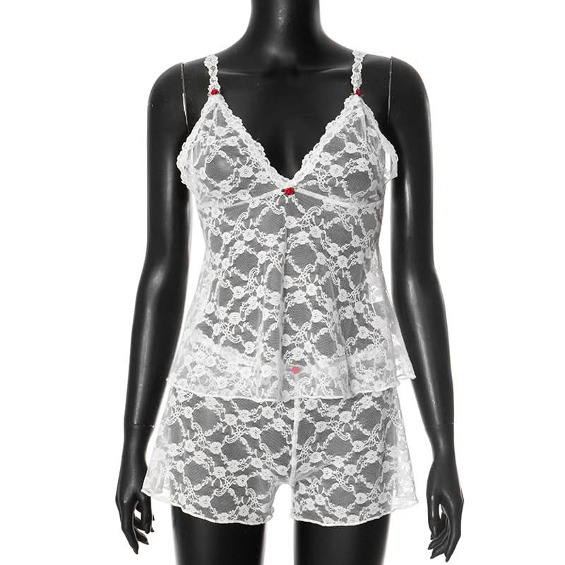 V neck lace see through cami short pant set  | Festival Outfits Women