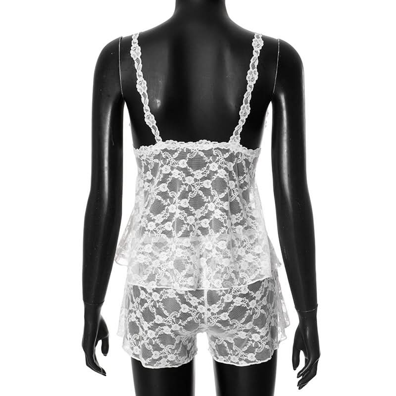 V neck lace see through cami short pant set  | Festival Outfits Women