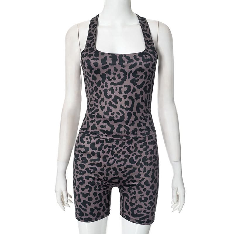 Square neck leopard print tank short pant set  | Festival Outfits Women