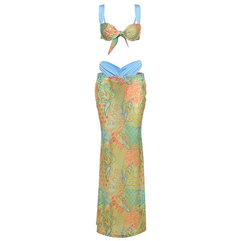 Contrast knotted 3 piece cami maxi skirt set  | Festival Outfits Women-final-sale