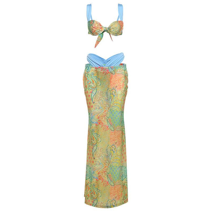 Contrast knotted 3 piece cami maxi skirt set  | Festival Outfits Women-final-sale