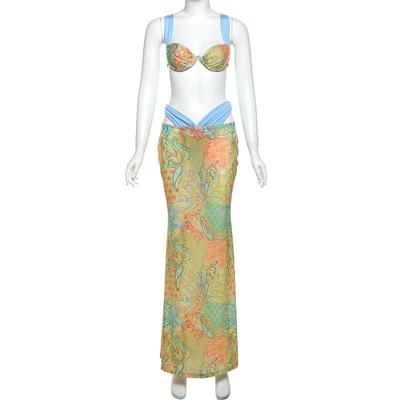 Contrast knotted 3 piece cami maxi skirt set  | Festival Outfits Women-final-sale