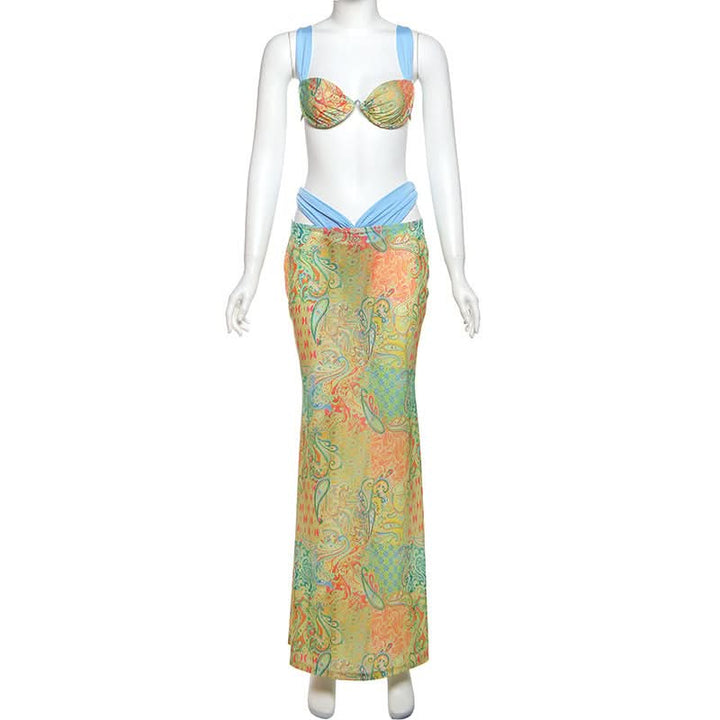 Contrast knotted 3 piece cami maxi skirt set  | Festival Outfits Women-final-sale