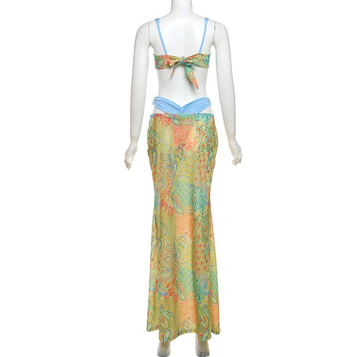 Contrast knotted 3 piece cami maxi skirt set  | Festival Outfits Women-final-sale
