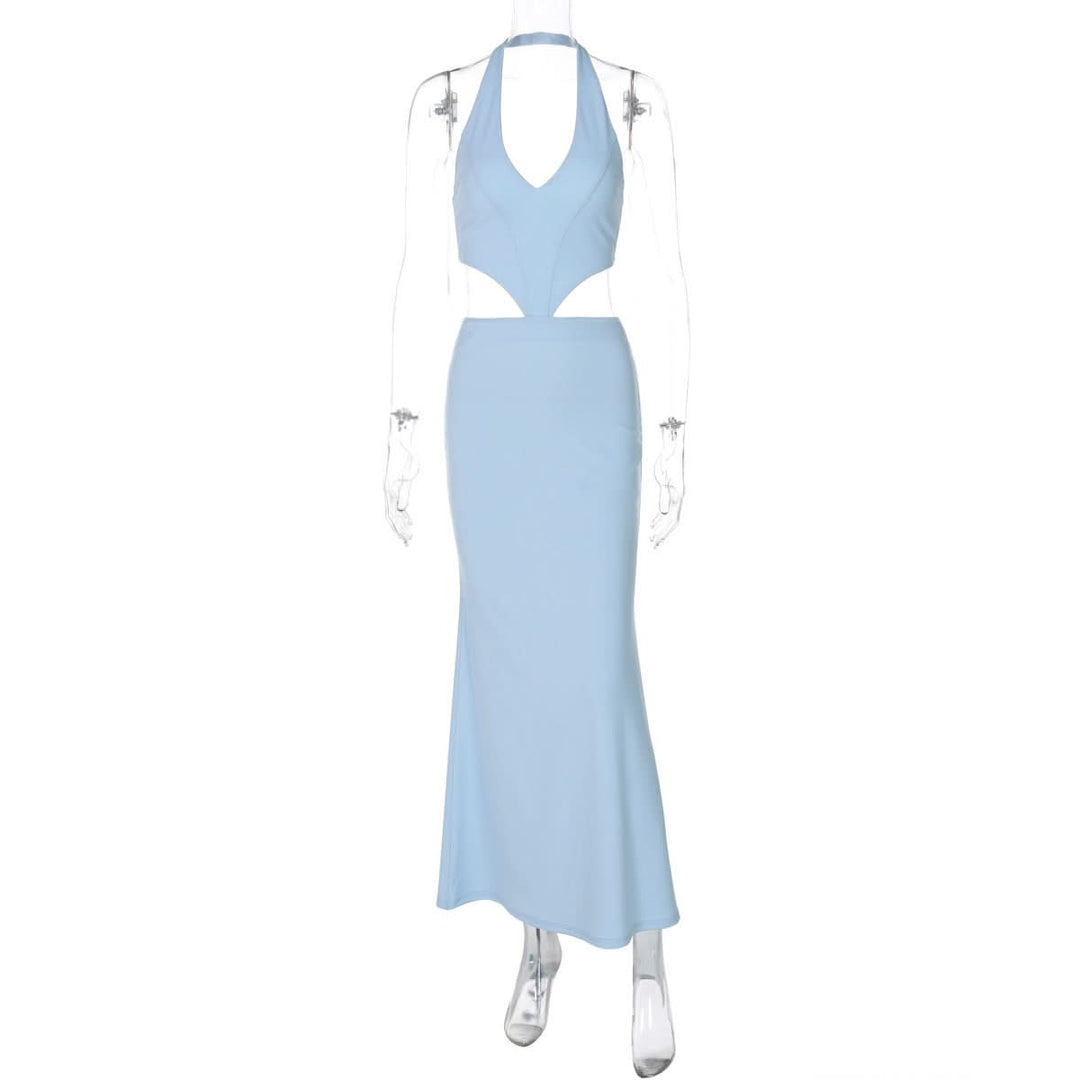 Halter v neck hollow out lace up cut out maxi dress  | Festival Outfits Women
