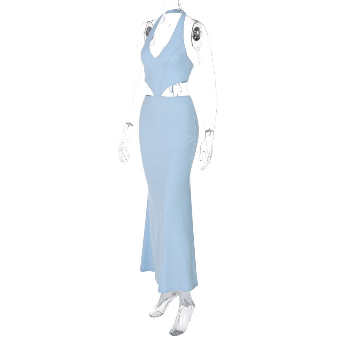 Halter v neck hollow out lace up cut out maxi dress  | Festival Outfits Women