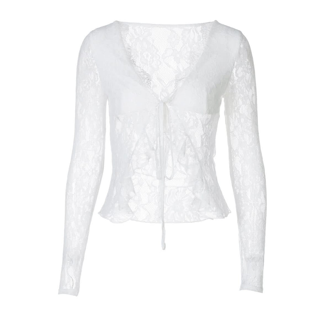 V neck long sleeve lace self tie top  | Festival Outfits Women