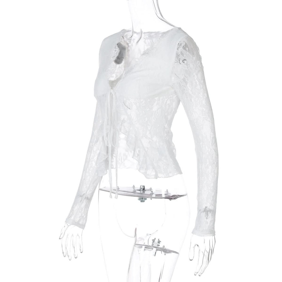 V neck long sleeve lace self tie top  | Festival Outfits Women