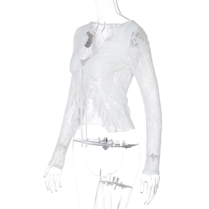 V neck long sleeve lace self tie top  | Festival Outfits Women