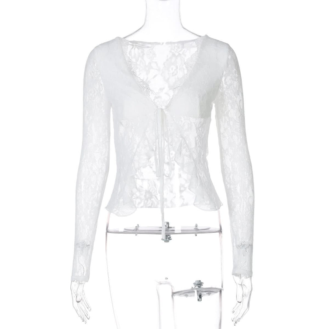 V neck long sleeve lace self tie top  | Festival Outfits Women