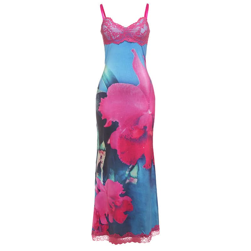 V neck lace hem flower print cami maxi dress  | Festival Outfits Women