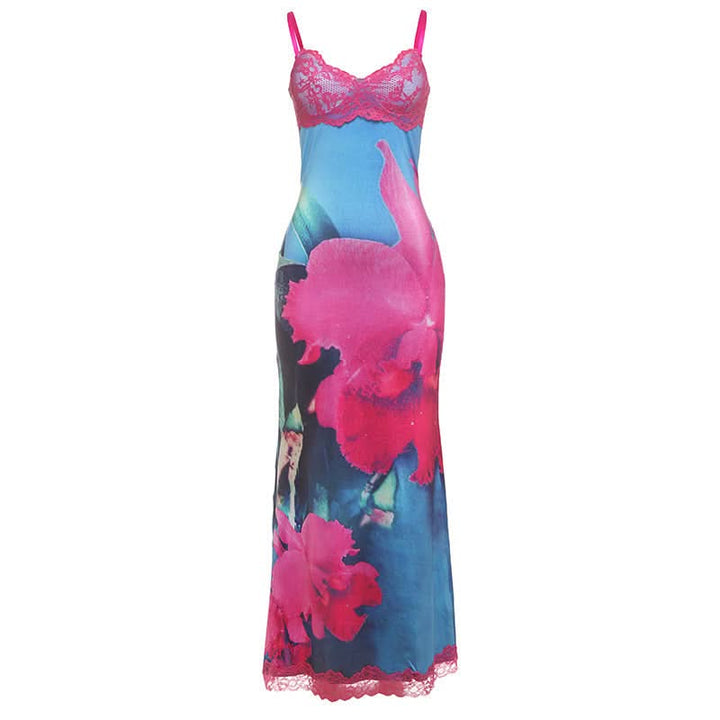 V neck lace hem flower print cami maxi dress  | Festival Outfits Women