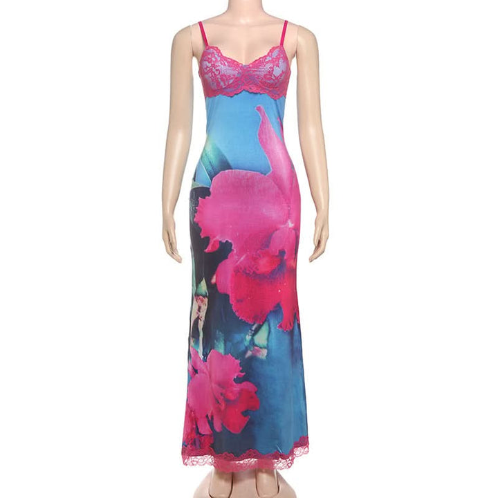 V neck lace hem flower print cami maxi dress  | Festival Outfits Women