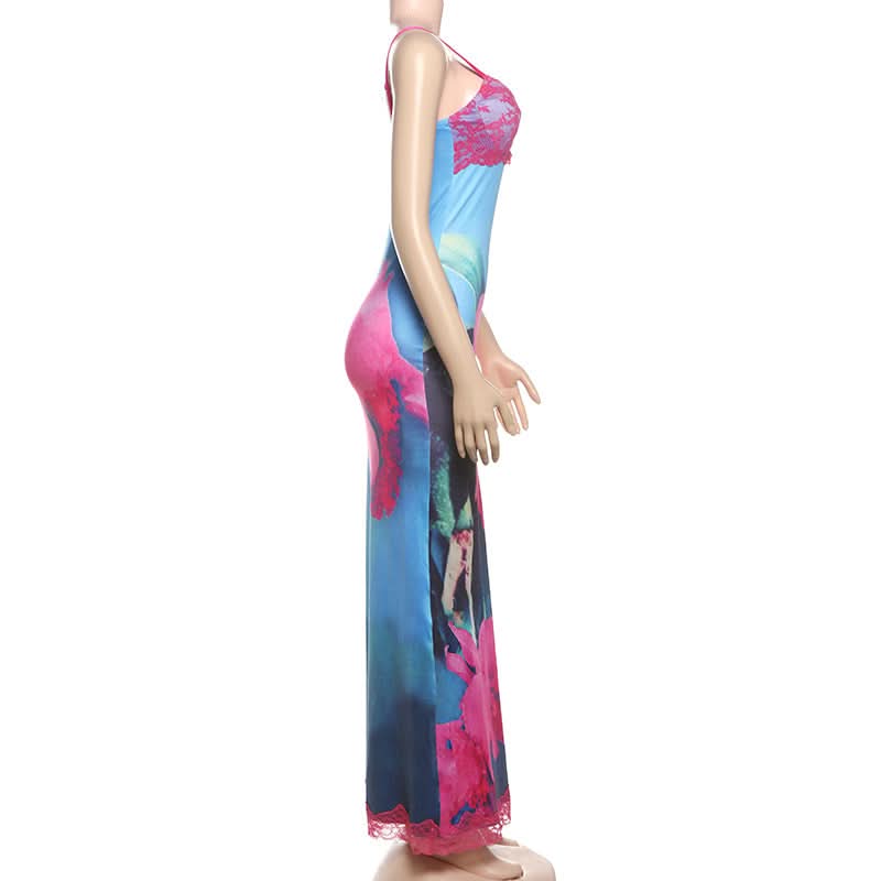 V neck lace hem flower print cami maxi dress  | Festival Outfits Women