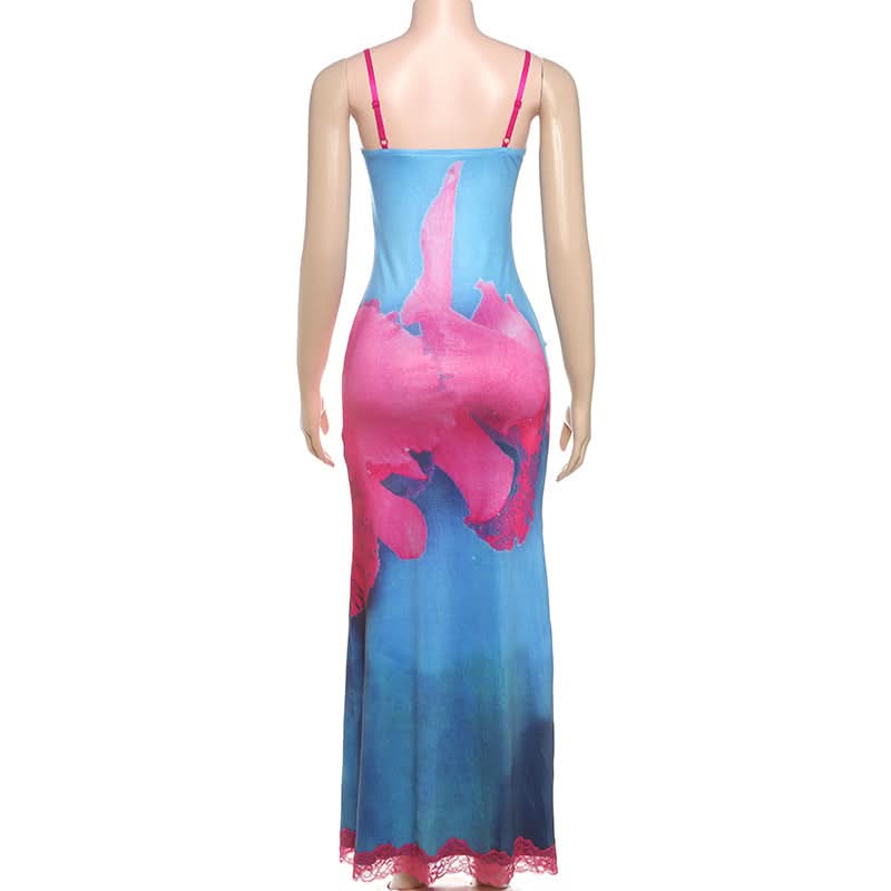 V neck lace hem flower print cami maxi dress  | Festival Outfits Women