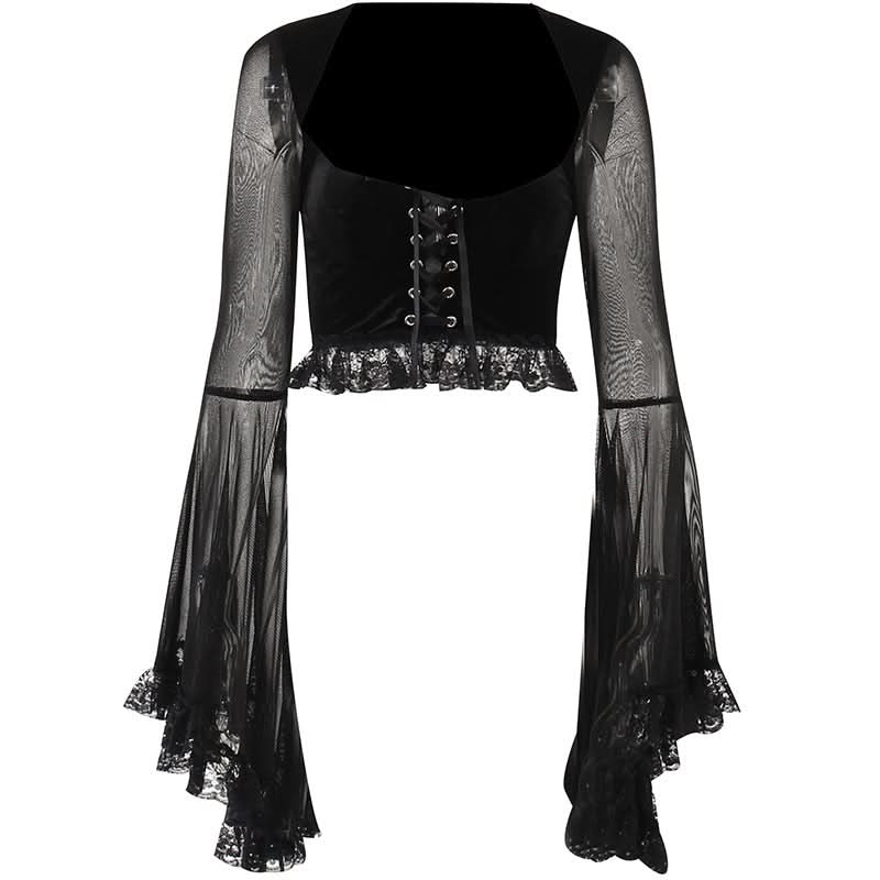 Long flared sleeve lace up ruffle top  | Festival Outfits Women-final-sale