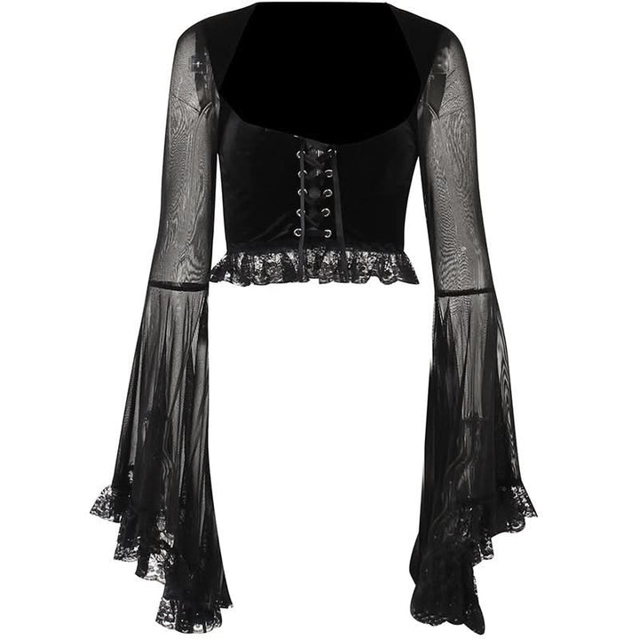 Long flared sleeve lace up ruffle top  | Festival Outfits Women-final-sale