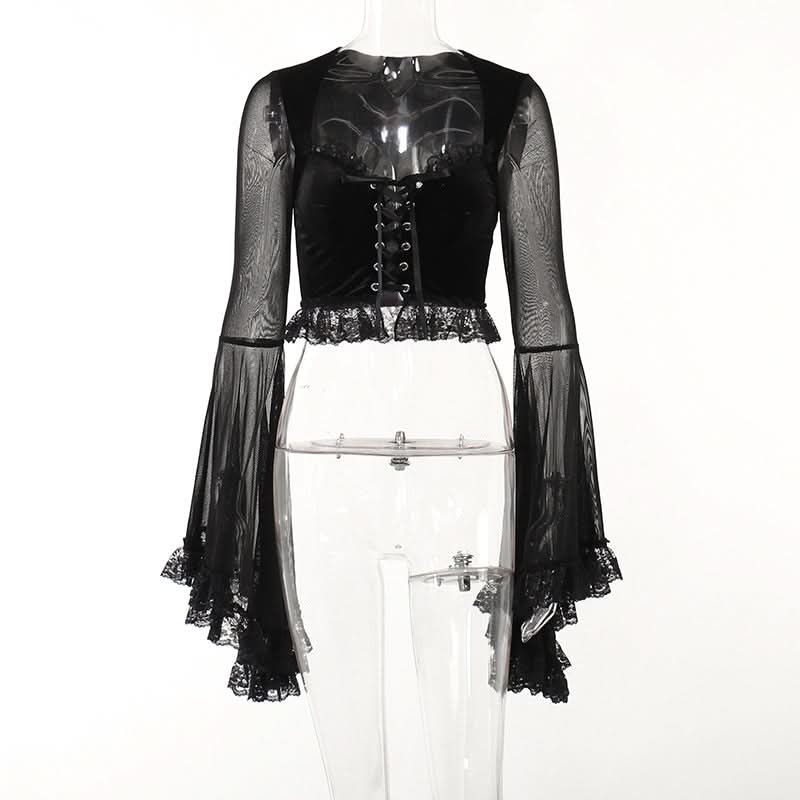 Long flared sleeve lace up ruffle top  | Festival Outfits Women-final-sale
