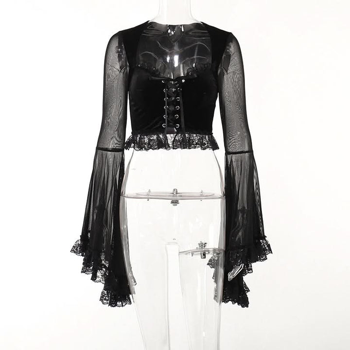Long flared sleeve lace up ruffle top  | Festival Outfits Women-final-sale