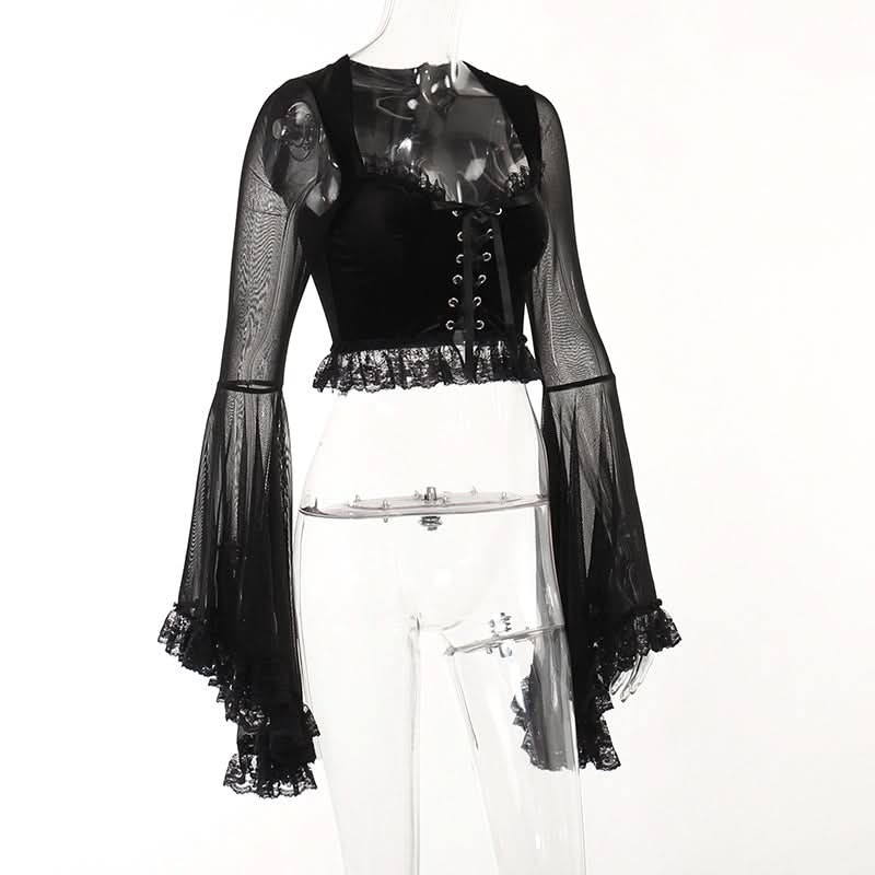 Long flared sleeve lace up ruffle top  | Festival Outfits Women-final-sale