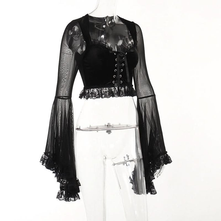 Long flared sleeve lace up ruffle top  | Festival Outfits Women-final-sale