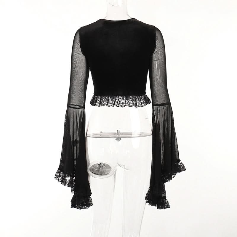 Long flared sleeve lace up ruffle top  | Festival Outfits Women-final-sale