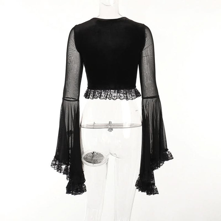 Long flared sleeve lace up ruffle top  | Festival Outfits Women-final-sale