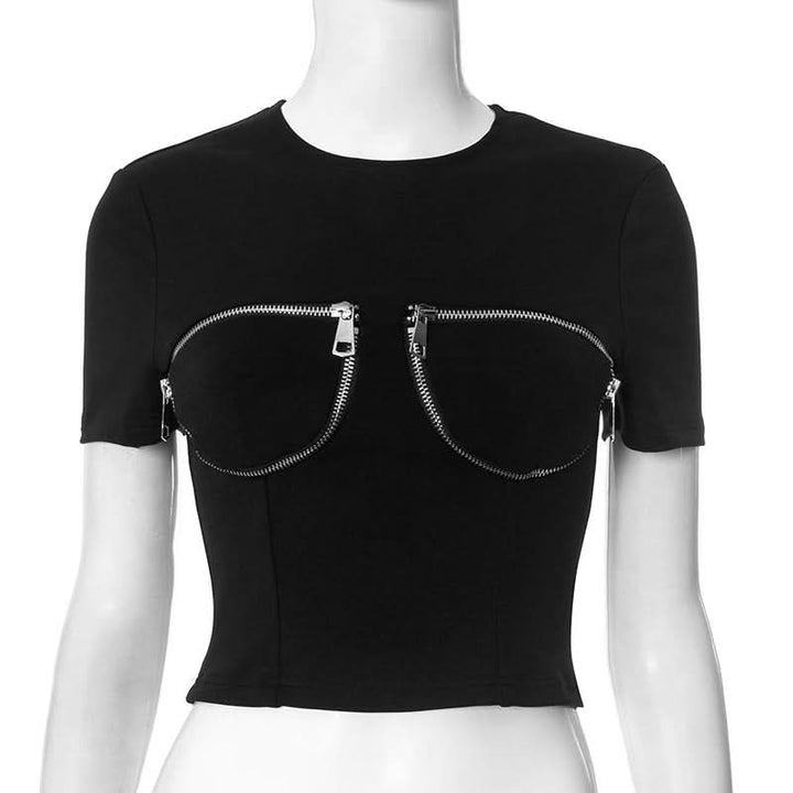 Short sleeve crewneck zip-up top  | Festival Outfits Women