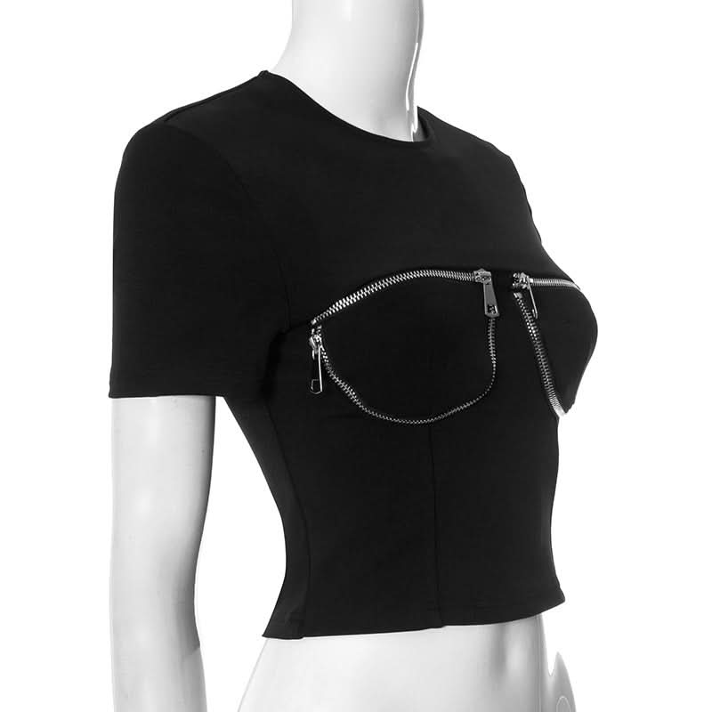 Short sleeve crewneck zip-up top  | Festival Outfits Women