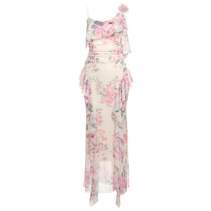 Flower print mesh ruffle cami maxi dress  | Festival Outfits Women