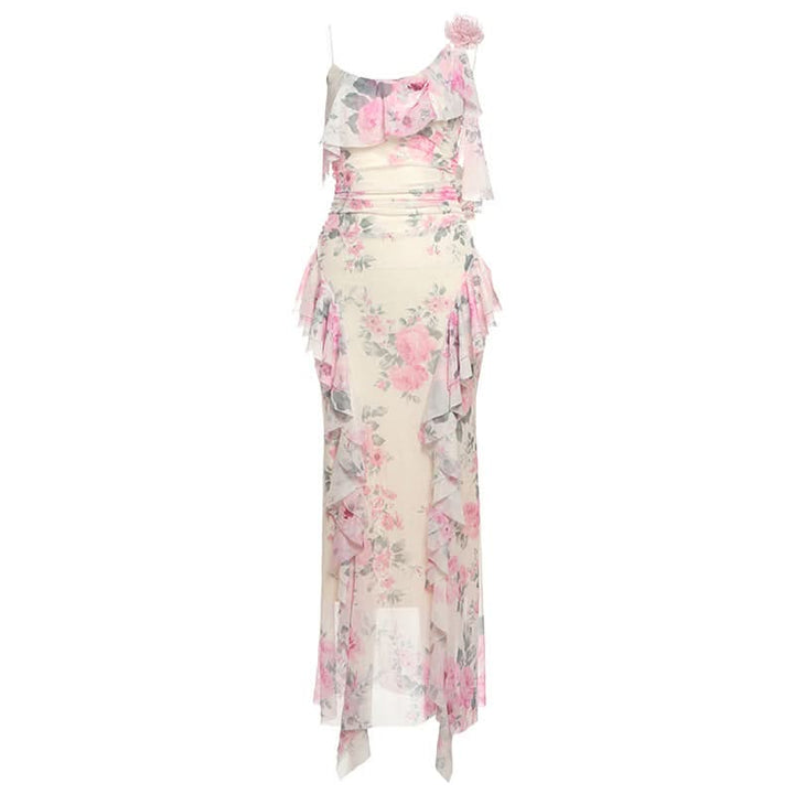 Flower print mesh ruffle cami maxi dress  | Festival Outfits Women