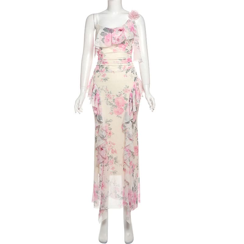 Flower print mesh ruffle cami maxi dress  | Festival Outfits Women