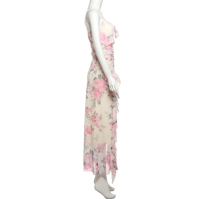 Flower print mesh ruffle cami maxi dress  | Festival Outfits Women