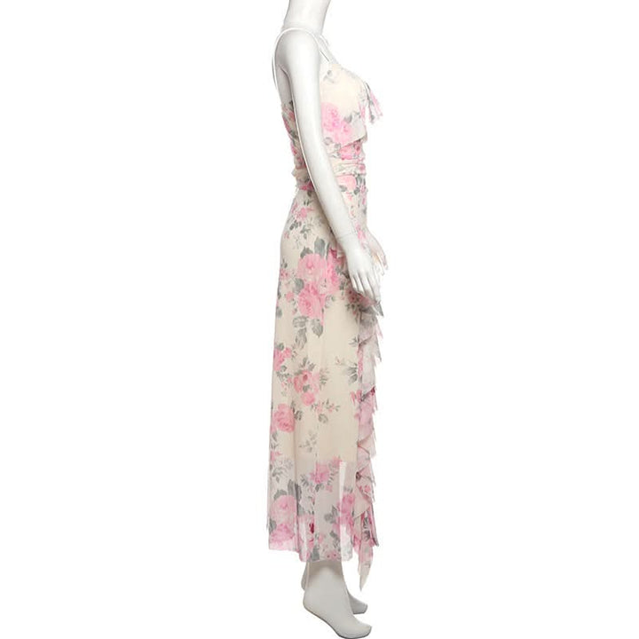 Flower print mesh ruffle cami maxi dress  | Festival Outfits Women