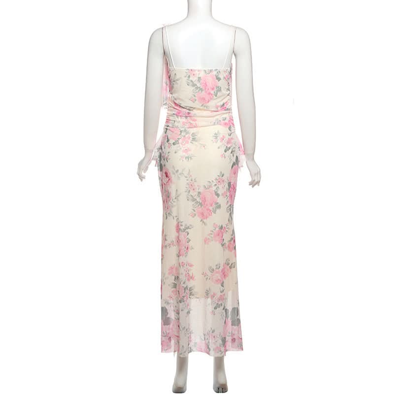 Flower print mesh ruffle cami maxi dress  | Festival Outfits Women