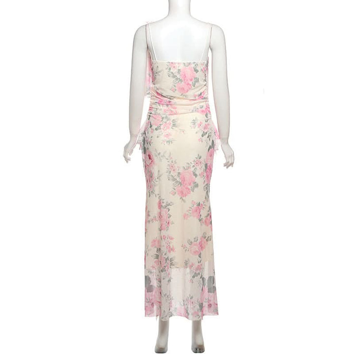 Flower print mesh ruffle cami maxi dress  | Festival Outfits Women