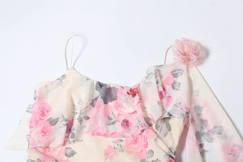 Flower print mesh ruffle cami maxi dress  | Festival Outfits Women