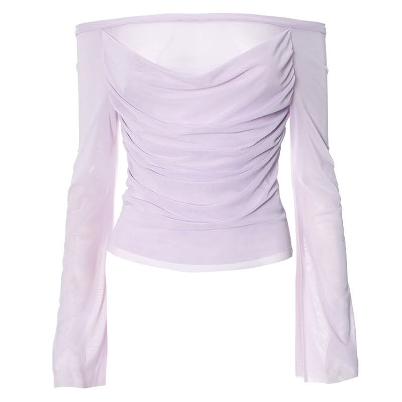 Off shoulder long sleeve mesh ruched top-final-sale