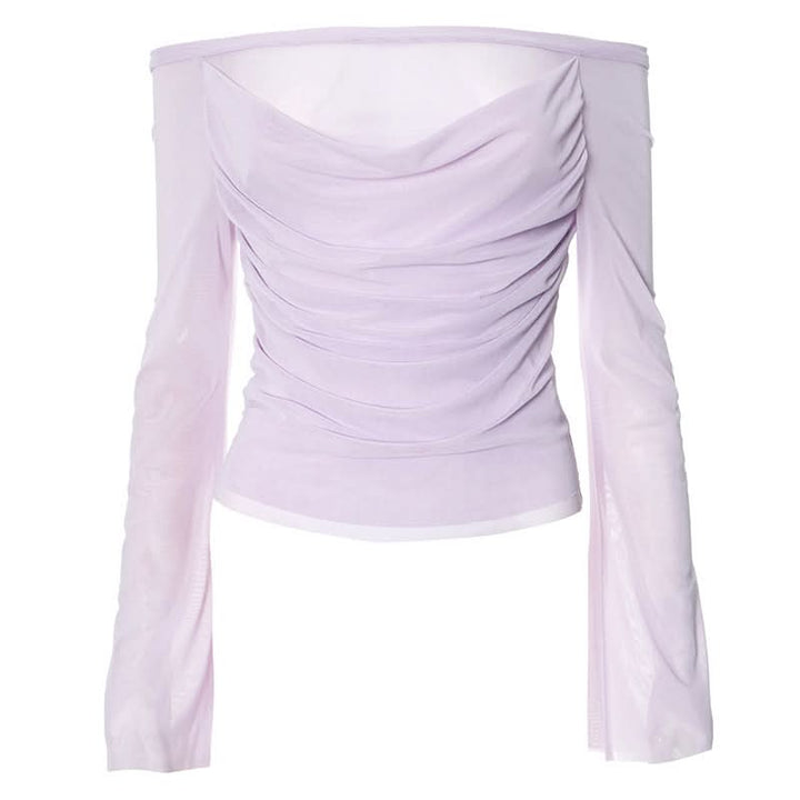 Off shoulder long sleeve mesh ruched top-final-sale