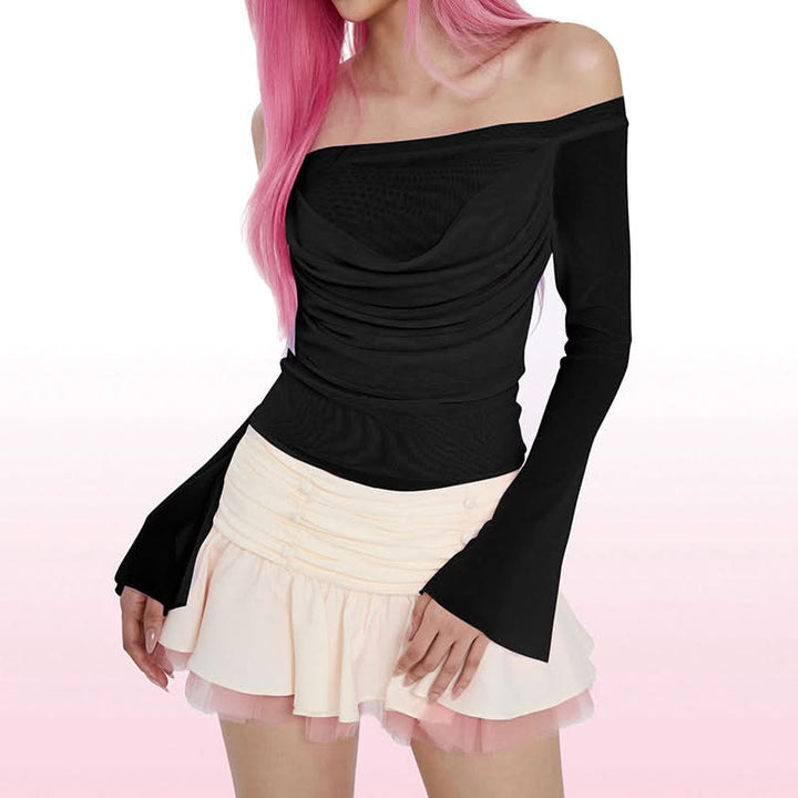 Off shoulder long sleeve mesh ruched top-final-sale