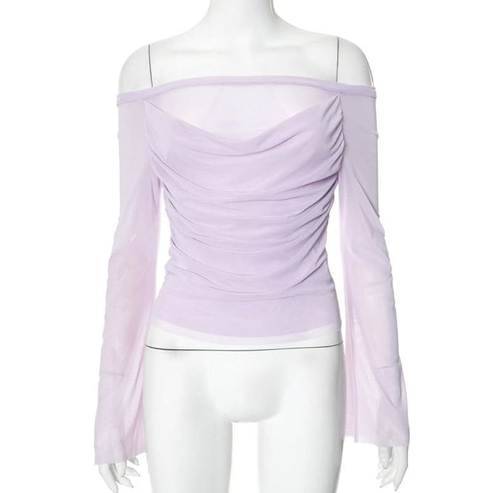 Off shoulder long sleeve mesh ruched top-final-sale