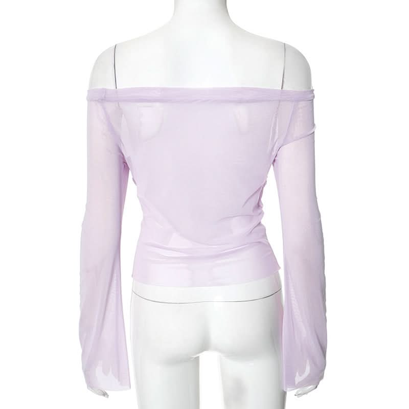 Off shoulder long sleeve mesh ruched top-final-sale