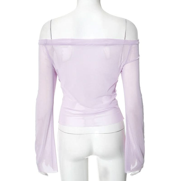 Off shoulder long sleeve mesh ruched top-final-sale