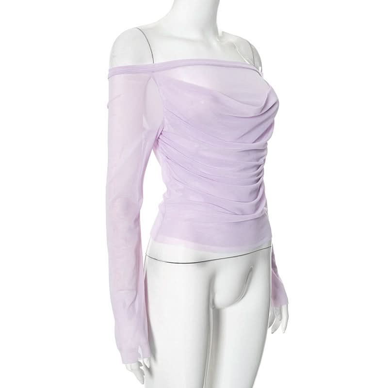 Off shoulder long sleeve mesh ruched top-final-sale