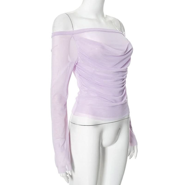 Off shoulder long sleeve mesh ruched top-final-sale
