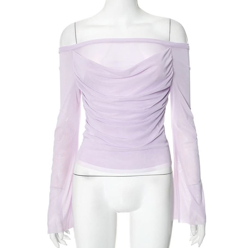 Off shoulder long sleeve mesh ruched top-final-sale