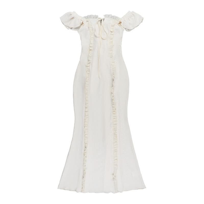 Off shoulder lace hem ruffle maxi dress  | Festival Outfits Women