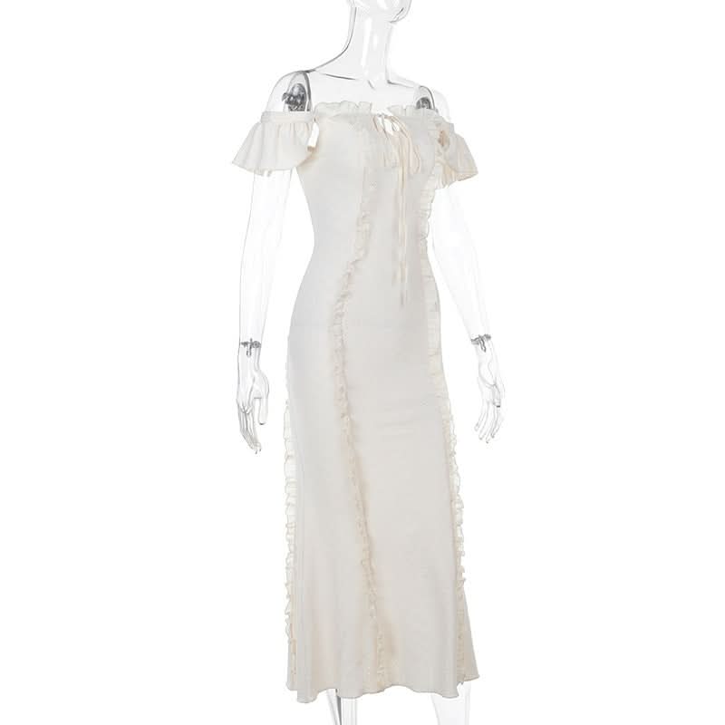 Off shoulder lace hem ruffle maxi dress  | Festival Outfits Women