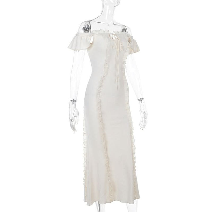 Off shoulder lace hem ruffle maxi dress  | Festival Outfits Women