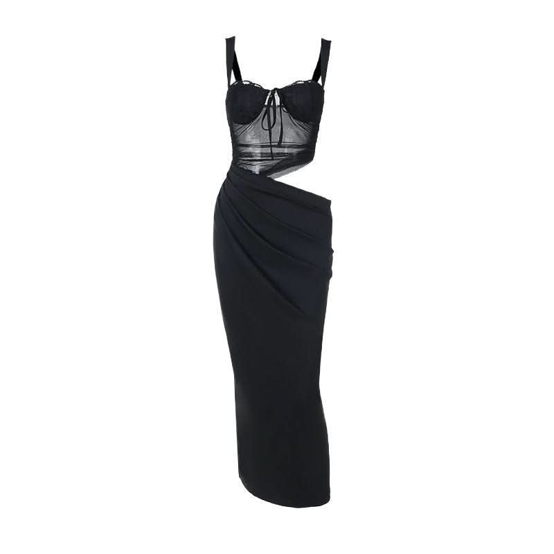 Hollow out mesh ruched cami cut out maxi dress  | Festival Outfits Women